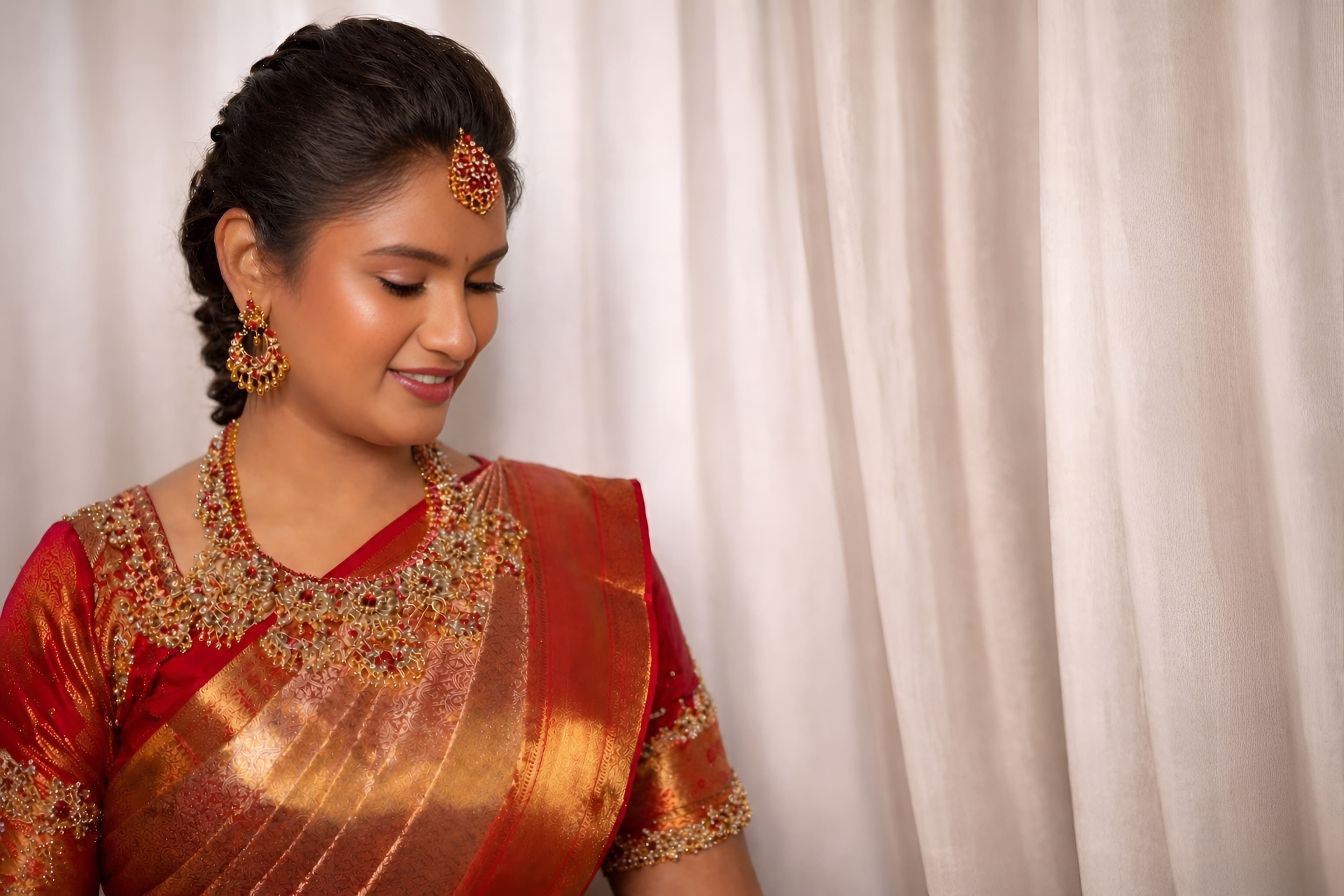 South Indian bride in red silk saree with gold maang tikka, styled by Ananya's Makeovers, Coimbatore